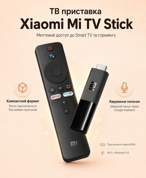 ТВ приставка медіаплеєр стик для телевізора Smart TV Android з Wi-Fi HDMI пультом голосовим керуванням Full HD